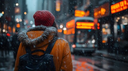 Obraz premium Young woman walking in snowy city street at night