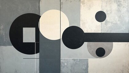 Abstract painting composed of simple geometric shapes circles squares lines, on cool gray background. Minimalist art with subtle texture. Trendy modern design. Ideal decor for interior design, web
