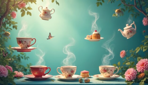 Whimsical Wonderland tea party illustration. Tea cups, teapot float against turquoise background. Steam swirls above tea cups. Flowers, butterflies, cakes, tea party. Fairy tale magic concept.
