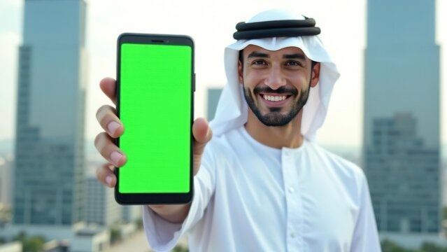 young arabian muslim bearded man wearing national clothes, smiling looking at camera and showing empty green screen mobile phone on modern skyscraper city background. mockup for advertising