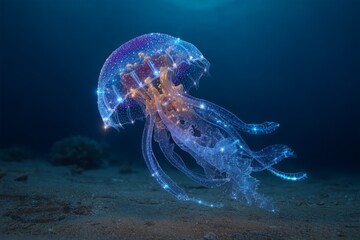 Glowing Jellyfish Pulsating in Deep Ocean Water with Tentacles, Underwater Marine Life on Sandy Bottom