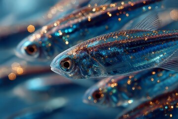 School of small, transparent fish swimming in blue water, golden bokeh lights and detailed texture visible