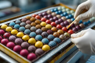 Colorful gourmet bonbons in a box being prepared by a gloved hand with tool for confectionary work
