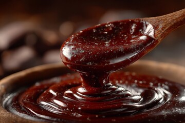 Decadent dark chocolate sauce dripping from a wooden spoon into a bowl, luxurious dessert topping, food photography