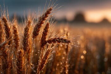 Golden wheat field at sunrise with morning dew glistening on the stalks, creating a warm rural scene