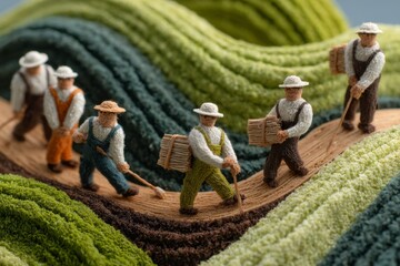 Miniature figurines dressed as farmers move bundled wheat across handcrafted yarn landscape with grassy fields in vibrant green hues
