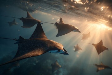 Spotted Eagle Rays Swimming Underwater in Ocean with Sunlight and Water Surface Detail Marine Wildlife