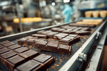 Delicious chocolate squares ride on a factory assembly line, destined for sweet treats and tempting culinary delights