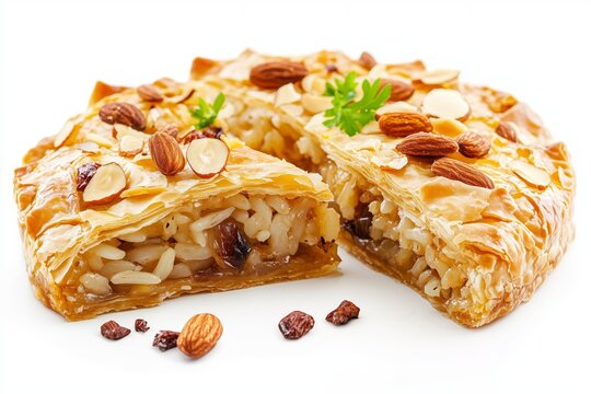 Delicious perde pilav featuring rice and chicken baked in a crispy pastry shell topped with almonds displayed beautifully on a white background