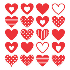 A collection of red heart shapes with varied patterns and designs for valentine's day