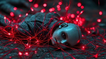 A broken puppet lying on the ground with its strings tangled in a chaotic heap of glowing red threads