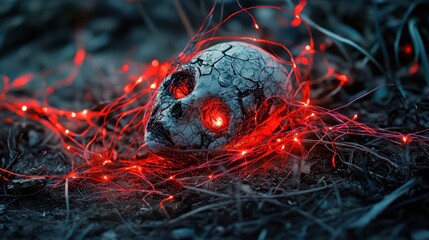 A broken puppet lying on the ground with its strings tangled in a chaotic heap of glowing red threads