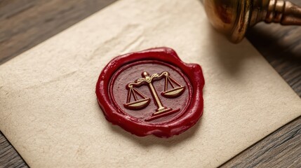 A classic wax seal in deep red with a raised emblem of scales of justice on a cream-colored envelope
