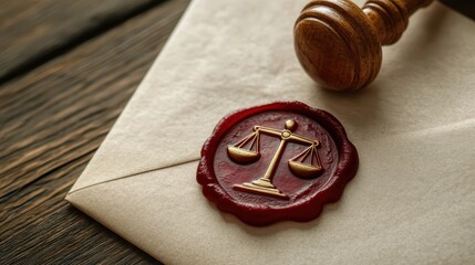A classic wax seal in deep red with a raised emblem of scales of justice on a cream-colored envelope