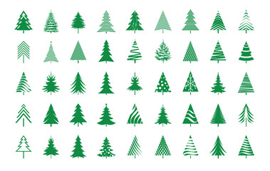 Set green Christmas Trees. Vector Illustration and Icons collection. Simplified and Synthetic Forest of Spruces and Firs.