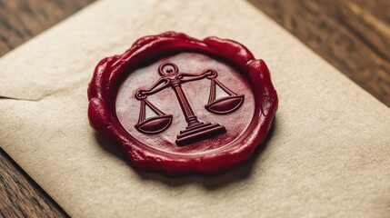 A classic wax seal in deep red with a raised emblem of scales of justice on a cream-colored envelope