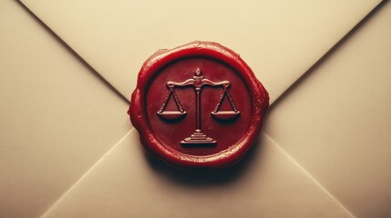 A classic wax seal in deep red with a raised emblem of scales of justice on a cream-colored envelope