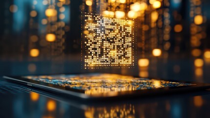 A close-up of a QR code being scanned on a tablet, with reward points tallying up in golden numbers above the screen