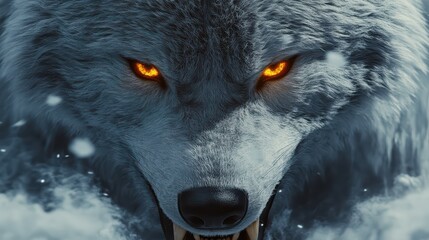 A close-up of white fleece parting to reveal fierce wolf teeth and glowing amber eyes