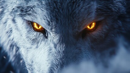 A close-up of white fleece parting to reveal fierce wolf teeth and glowing amber eyes