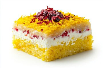 Delicious tahchin features golden crispy saffron rice layered with tender chicken, creamy yogurt, and tangy barberries for a vibrant culinary experience
