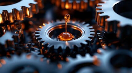 A cluster of interlocking gears in gradient steel tones, a vibrant drop of oil falling toward the central cog as light glints off the metal surfaces