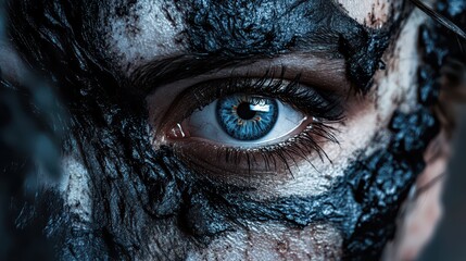 A close-up of wide, wild eyes surrounded by smeared charcoal makeup and tachycardia veins pulsing across pale skin