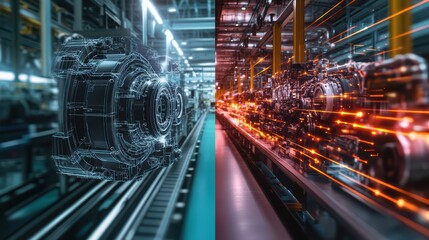 A creative split-screen banner showing on the left a detailed 3D engine model in CAD and on the right a real-world assembly line in a digital manufacturing plant, connected by data flow lines