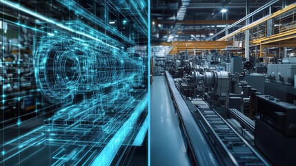 A creative split-screen banner showing on the left a detailed 3D engine model in CAD and on the right a real-world assembly line in a digital manufacturing plant, connected by data flow lines