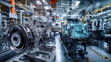 A creative split-screen banner showing on the left a detailed 3D engine model in CAD and on the right a real-world assembly line in a digital manufacturing plant, connected by data flow lines