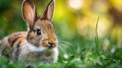 Fototapeta premium Brown rabbit with tall ears closeup view sitting in a green grassy setting