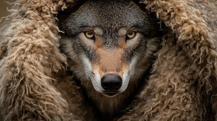 A cunning wolfs face emerging from beneath a tattered sheep pelt draped over its shoulders