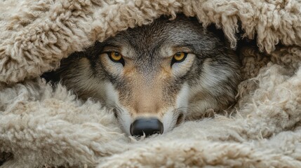 A cunning wolfs face emerging from beneath a tattered sheep pelt draped over its shoulders