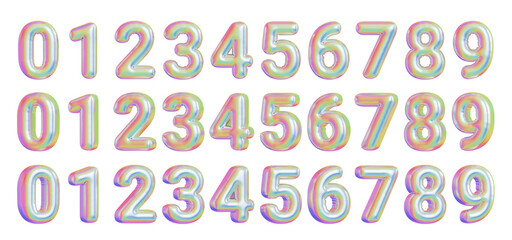 Set of holographic or iridescent inflated balloons numbers or digits, with angle variations. 3d render.	
