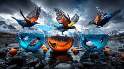 Three colorful birds interact with fish inside glass bowls on a rocky riverbank