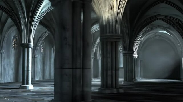 Stone vaulted hall, dimly lit, ancient.  Columns and arches create a long perspective