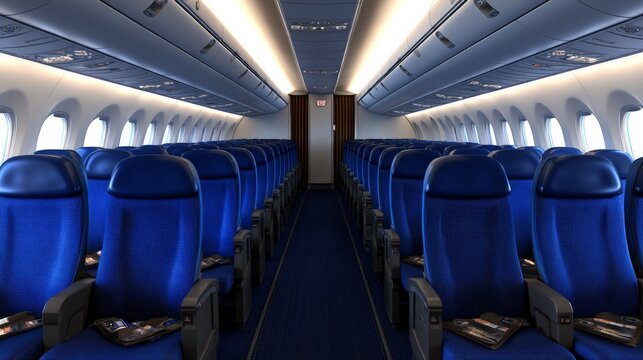Empty airplane cabin with blue seats and overhead lighting, ready for passengers - Powered by Adobe