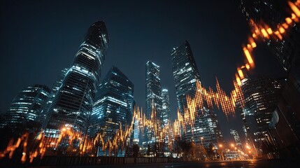 Dark Urban Vista with Digital Currency Graph Overlay at Night