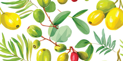 Sweet Dates and Green Leaves Seamless Pattern. Exotic Fruit Botanical Design for textile, packaging, fabric, wallpaper, branding, stationery, wrapping paper interior decor.