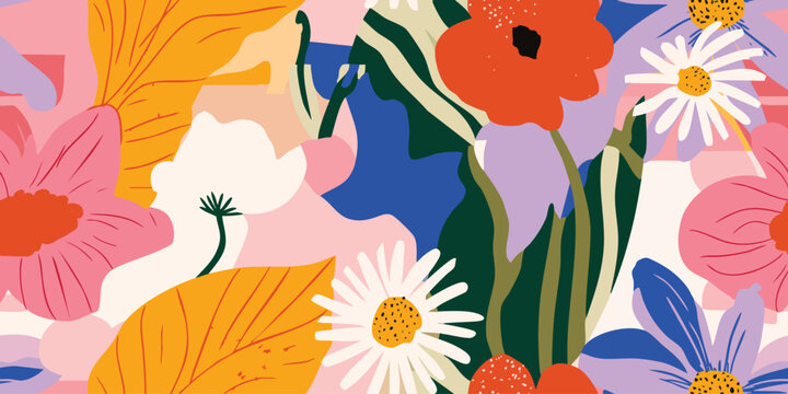 Abstract Poppy and Wildflower Botanical Seamless Pattern. Modern Floral Design for textile, packaging, fabric, wallpaper, branding, stationery, wrapping paper interior decor.