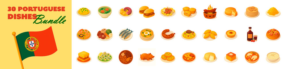 Obraz premium 30 Iconic Portuguese Dishes Bundle – Flat Food Illustrations