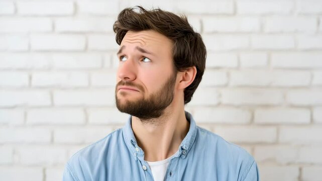 A caucasian man with a beard looks upward with a puzzled expression. Concept of thoughtful confusion.