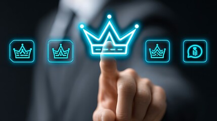 Futuristic interface showcasing a luminous crown icon activated by a human touch, embodying strategic leadership, premium quality, and the quest for unparalleled success