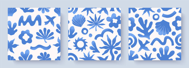 Summer tropical seamless patterns with hand drawn nature organic elements:palm,sun,coral,seashell,bird,wave.Trendy backgrounds for banners,smm,branding,textile,covers,prints.Summer vacation aesthetic