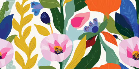 Vibrant and Artistic Wildflower Meadow Seamless Pattern. Colorful Botanical Garden Design for textile, packaging, fabric, wallpaper, branding, stationery, wrapping paper interior decor.