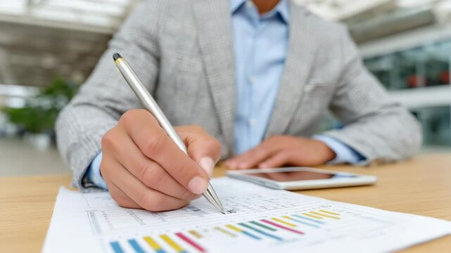 A businessperson in a gray suit annotates colorful charts with a pencil. Concept of data-driven strategy.