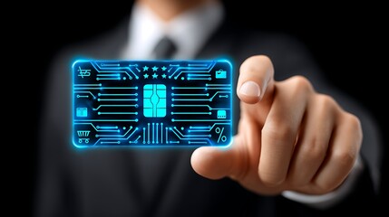 Futuristic e-commerce transaction interface with a digital credit card and a businessman's hand