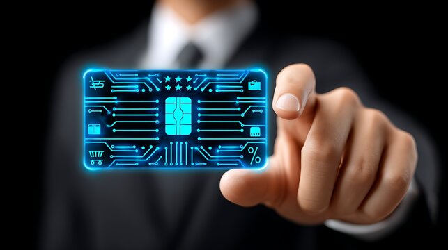 Futuristic e-commerce transaction interface with a digital credit card and a businessman's hand