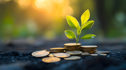 Coins and young plant on a table symbolizing financial growth