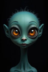 Surreal depiction of a blue-skinned animalistic face with striking orange eyes and fine, bristly filaments extending from its head.